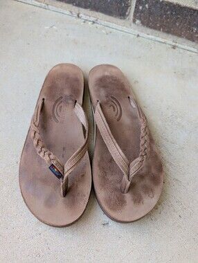🤎EUC Rainbow Flirty Braided Single Layer Leather Thong Flip Flops, Oatmeal, 7